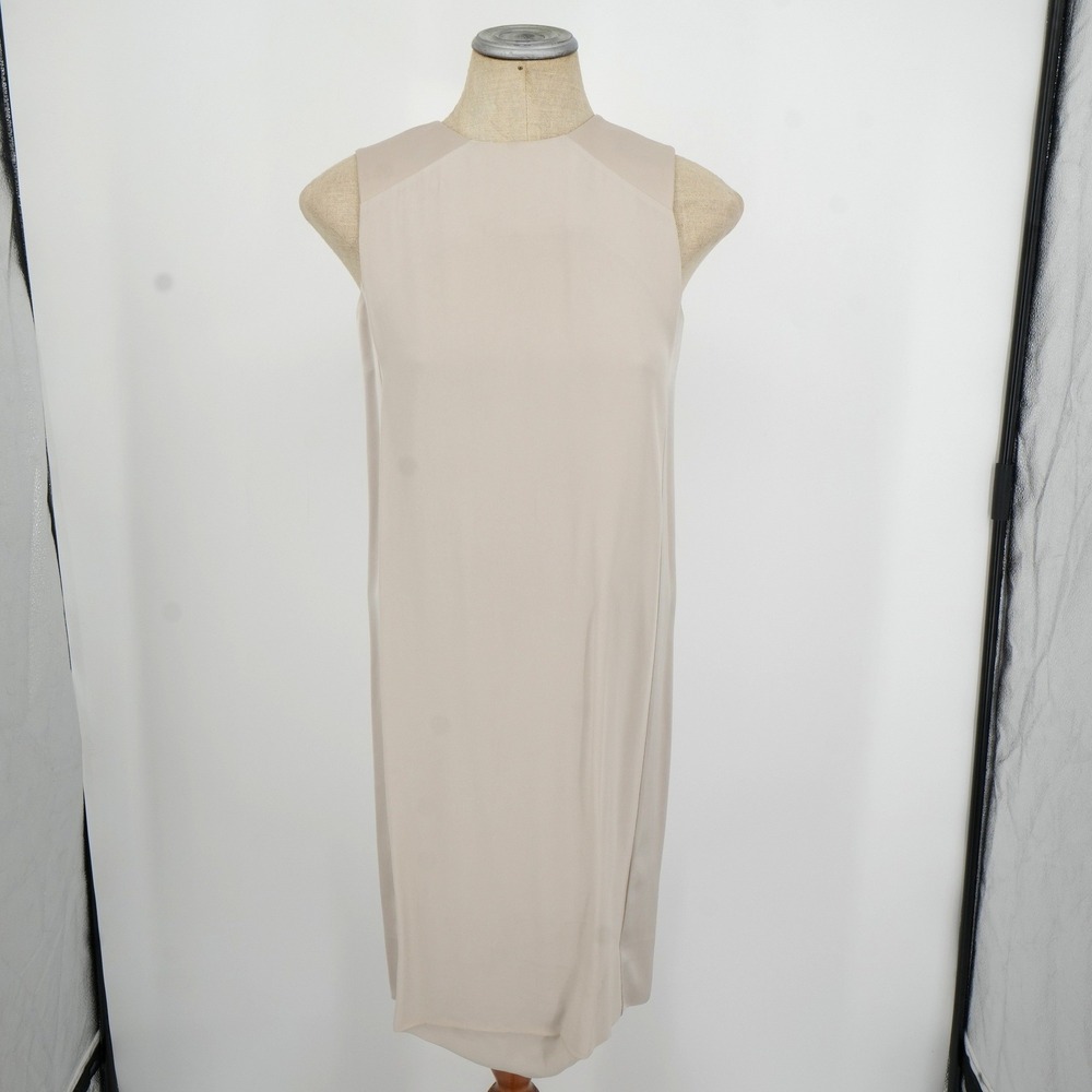 COS Shift Dress Womens 34 Beige Leather Trim Open Back Minimalist Midi